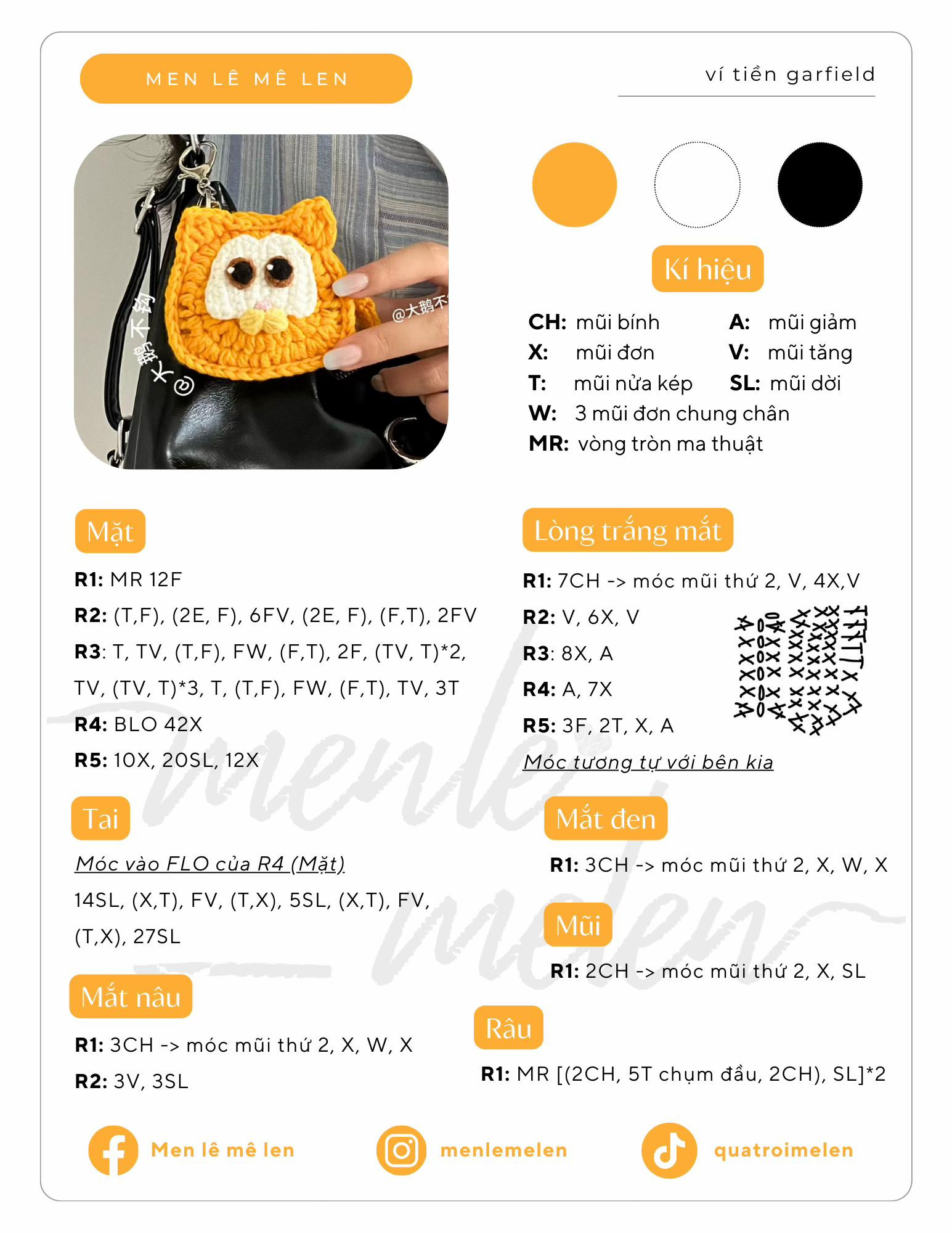 Hướng dẫn móc len ví tiền Garfield dễ thương màu cam