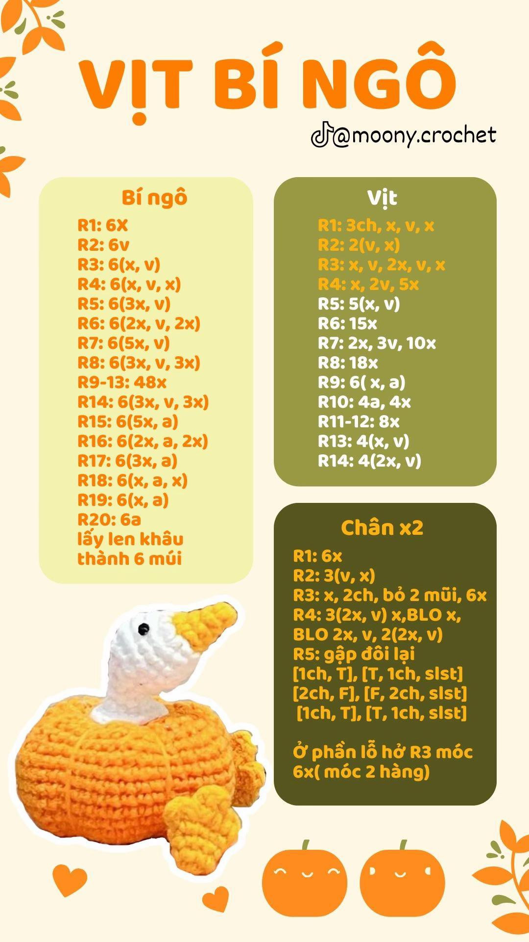 Hướng dẫn móc len Vịt Bí Ngô dễ thương, chart chi tiết từng hàng