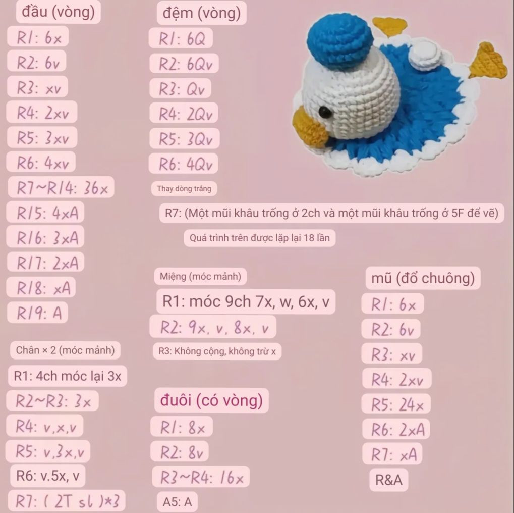 Hướng dẫn móc len vịt Donald và Daisy nằm