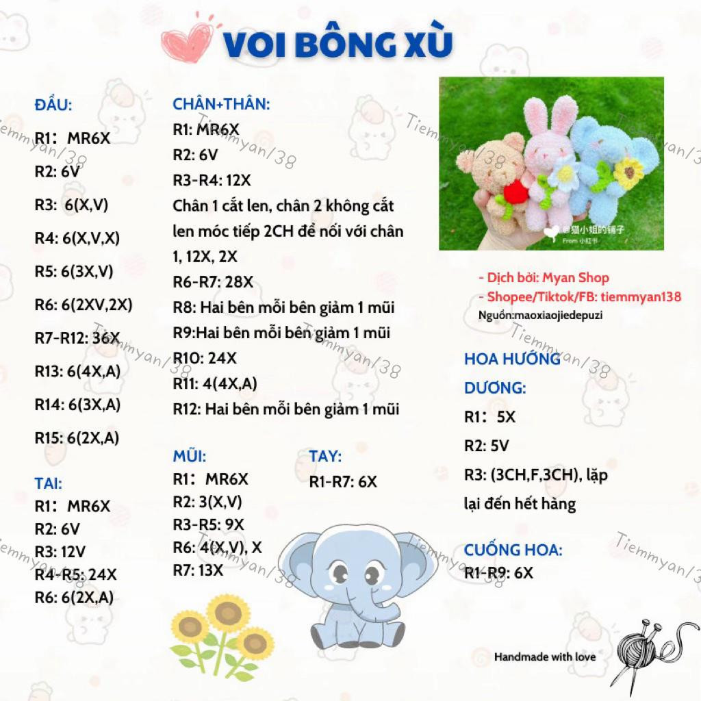Hướng dẫn móc len voi bông xù và các bạn thú cưng cầm hoa