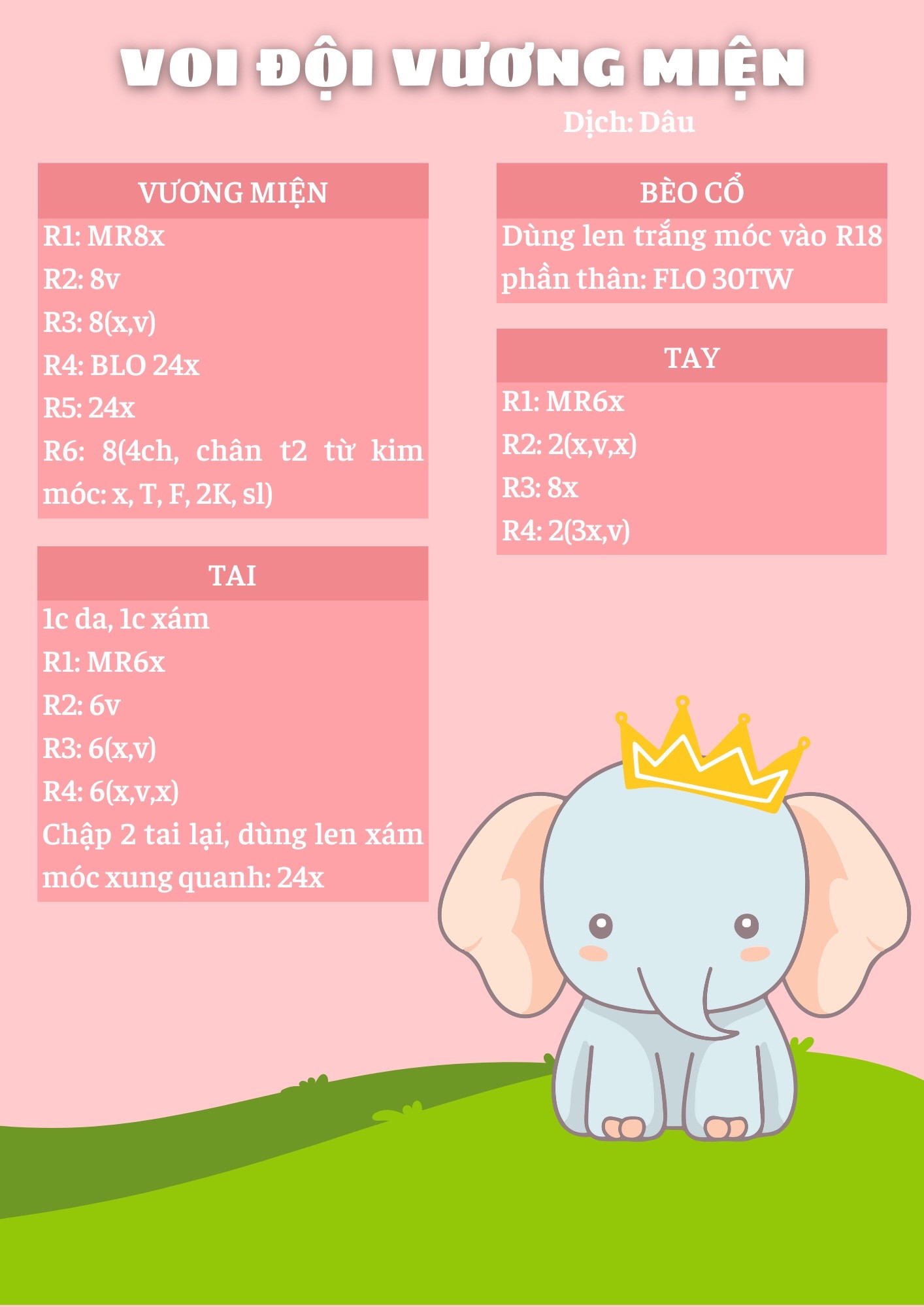 Hướng dẫn móc len voi đội vương miện màu xám