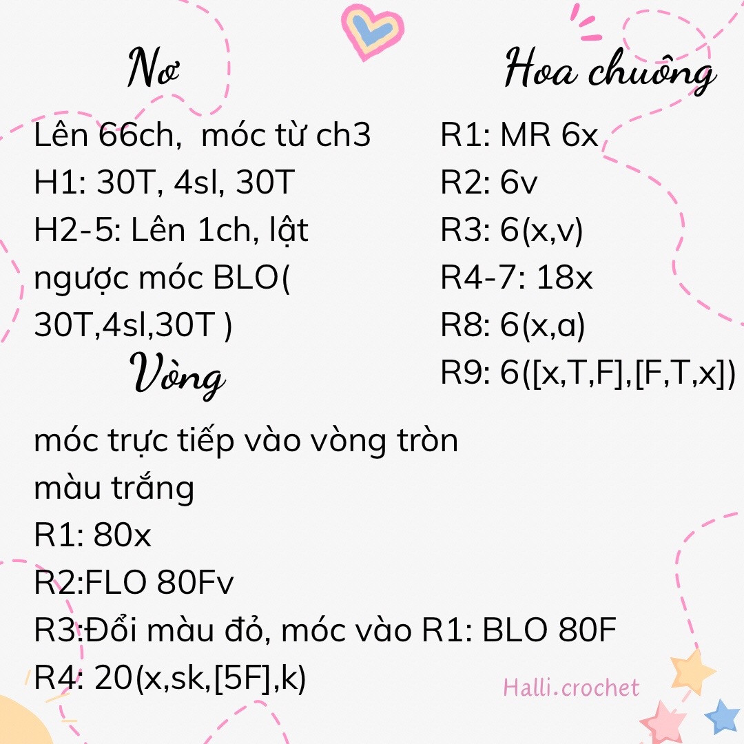 Hướng dẫn móc len vòng trang trí hoa chuông và nơ màu hồng