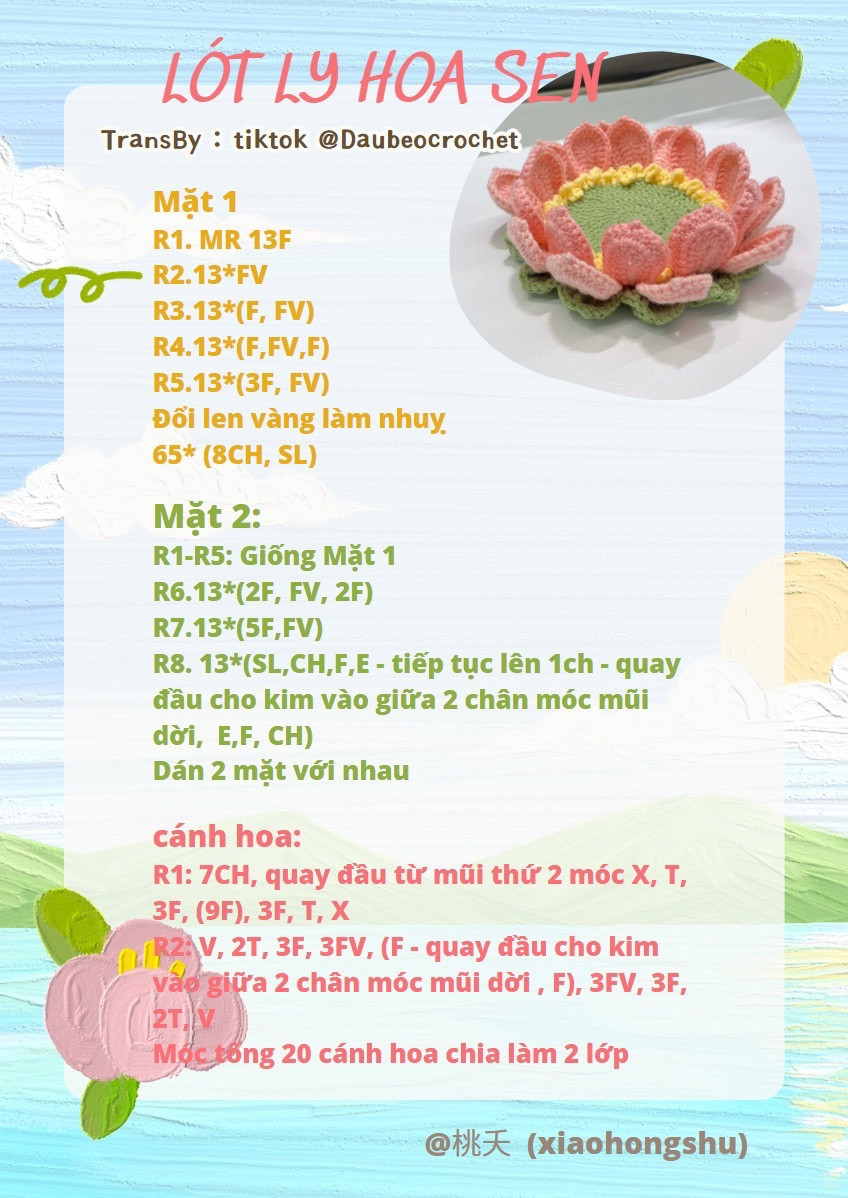 Hướng dẫn móc lót ly hình hoa sen màu hồng