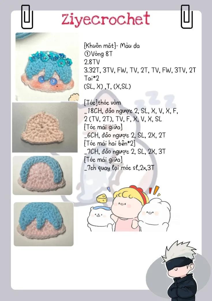 Hướng dẫn móc mặt búp bê tóc xanh và trắng
