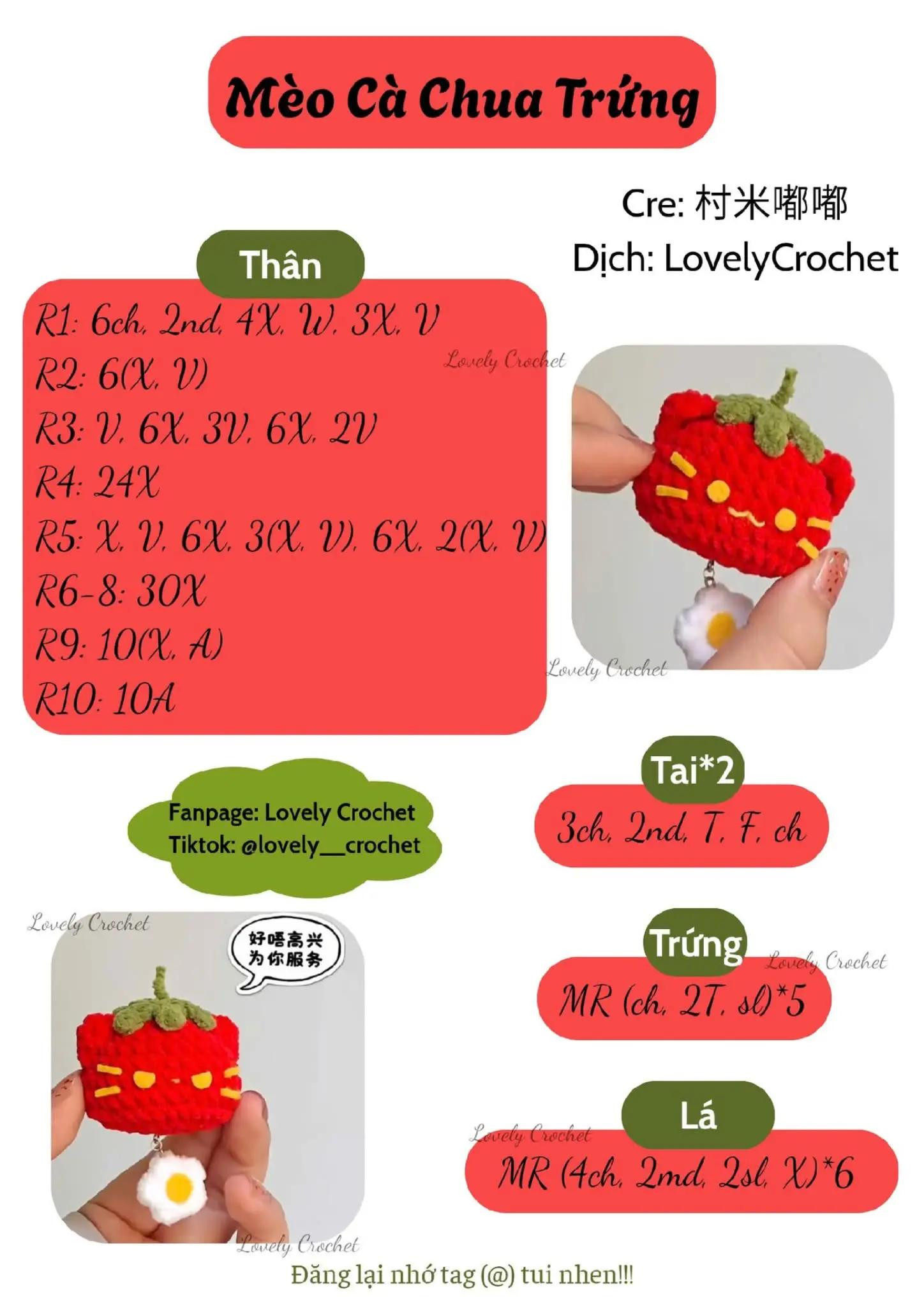 Hướng dẫn móc Mèo Cà Chua Trứng dễ thương