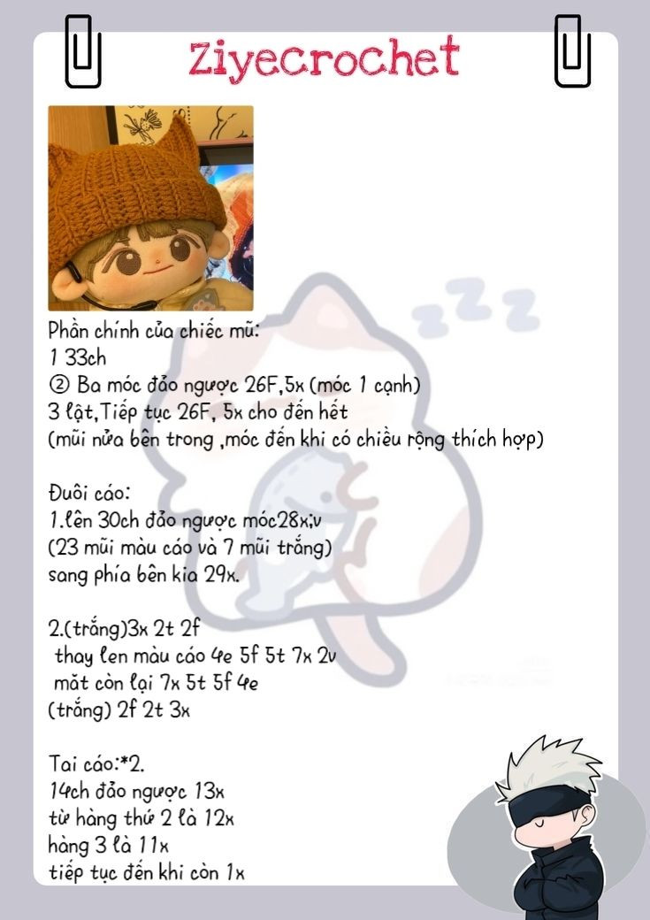 Hướng dẫn móc mũ cáo màu nâu cho búp bê