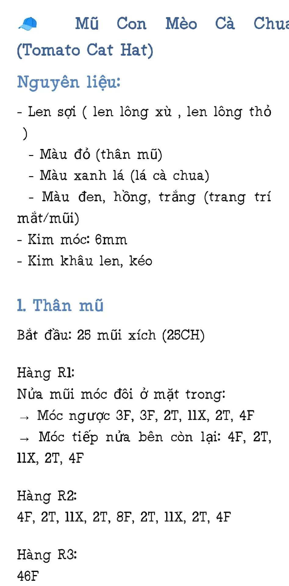 Hướng dẫn móc mũ con mèo cà chua màu đỏ