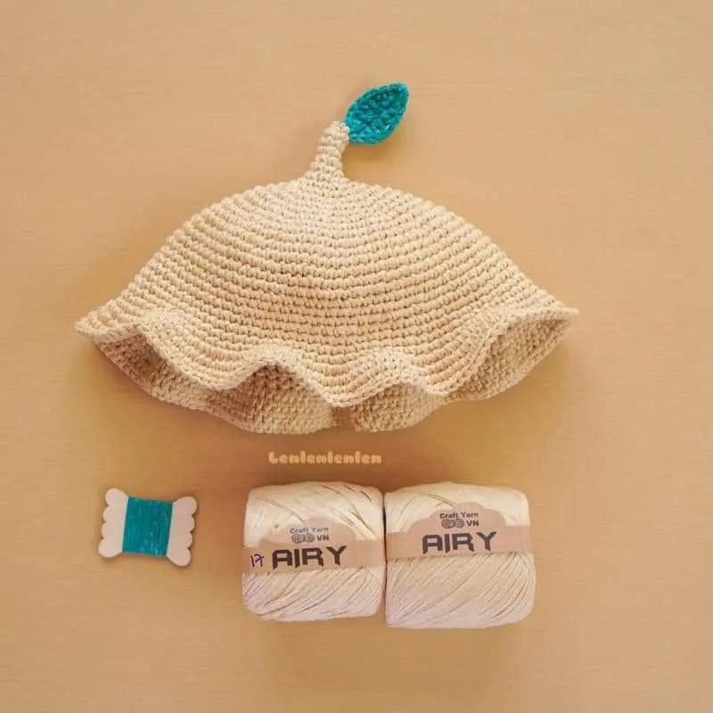 Hướng dẫn móc mũ Dâu và Lá bằng len giấy Airy màu hồng và be
