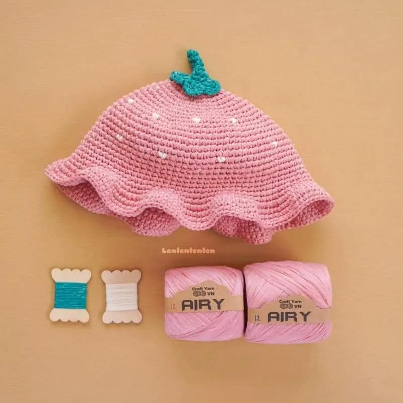 Hướng dẫn móc mũ Dâu và Lá bằng len giấy Airy màu hồng và be