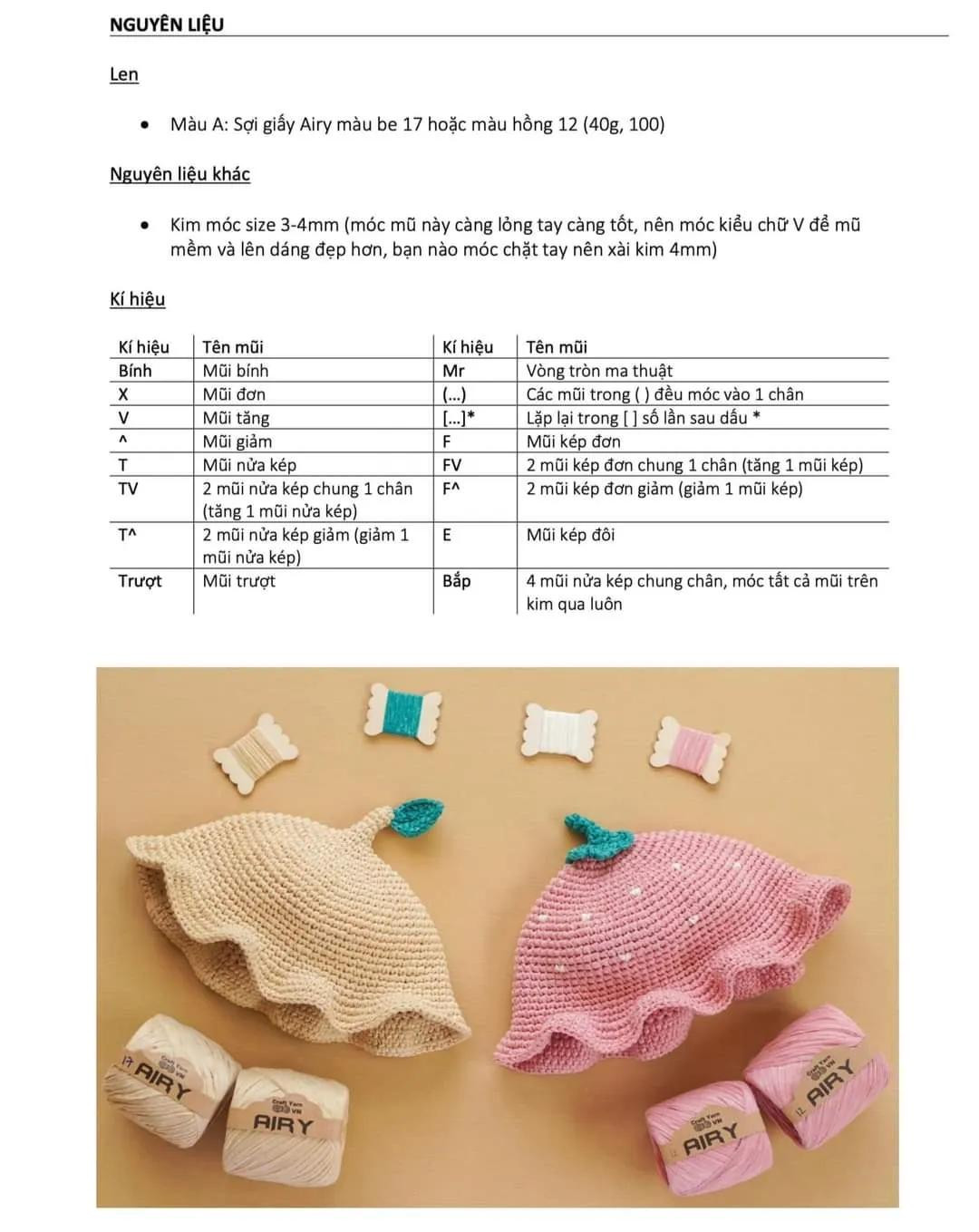 Hướng dẫn móc mũ Dâu và Lá bằng len giấy Airy màu hồng và be
