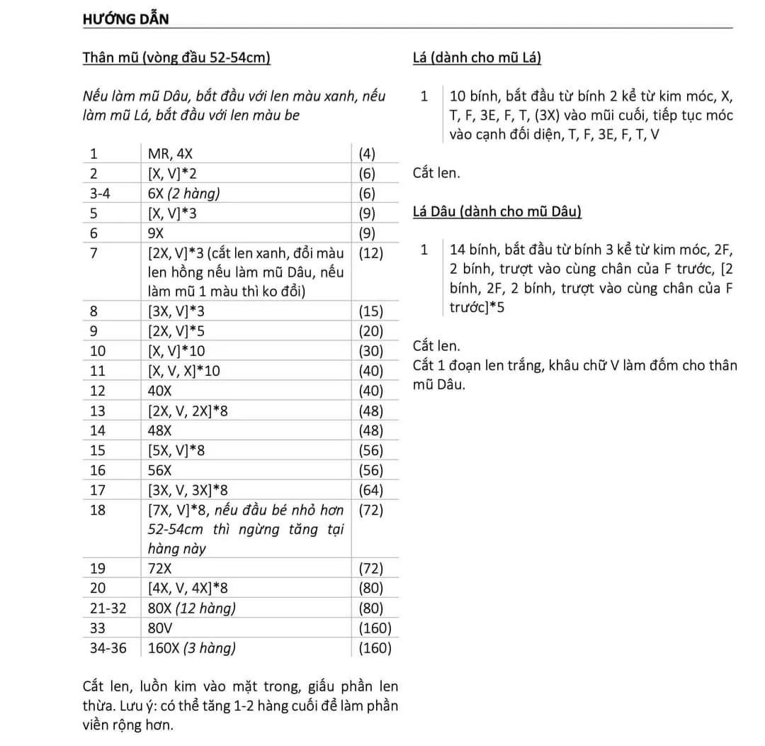Hướng dẫn móc mũ Dâu và Lá bằng len giấy Airy màu hồng và be