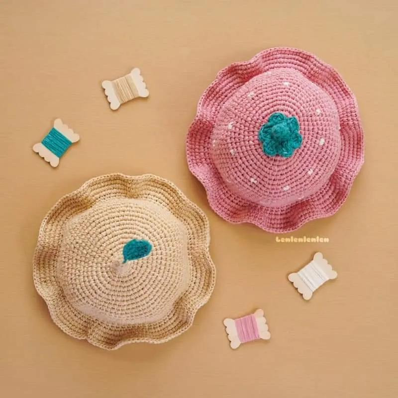 Hướng dẫn móc mũ Dâu và Lá bằng len giấy Airy màu hồng và be