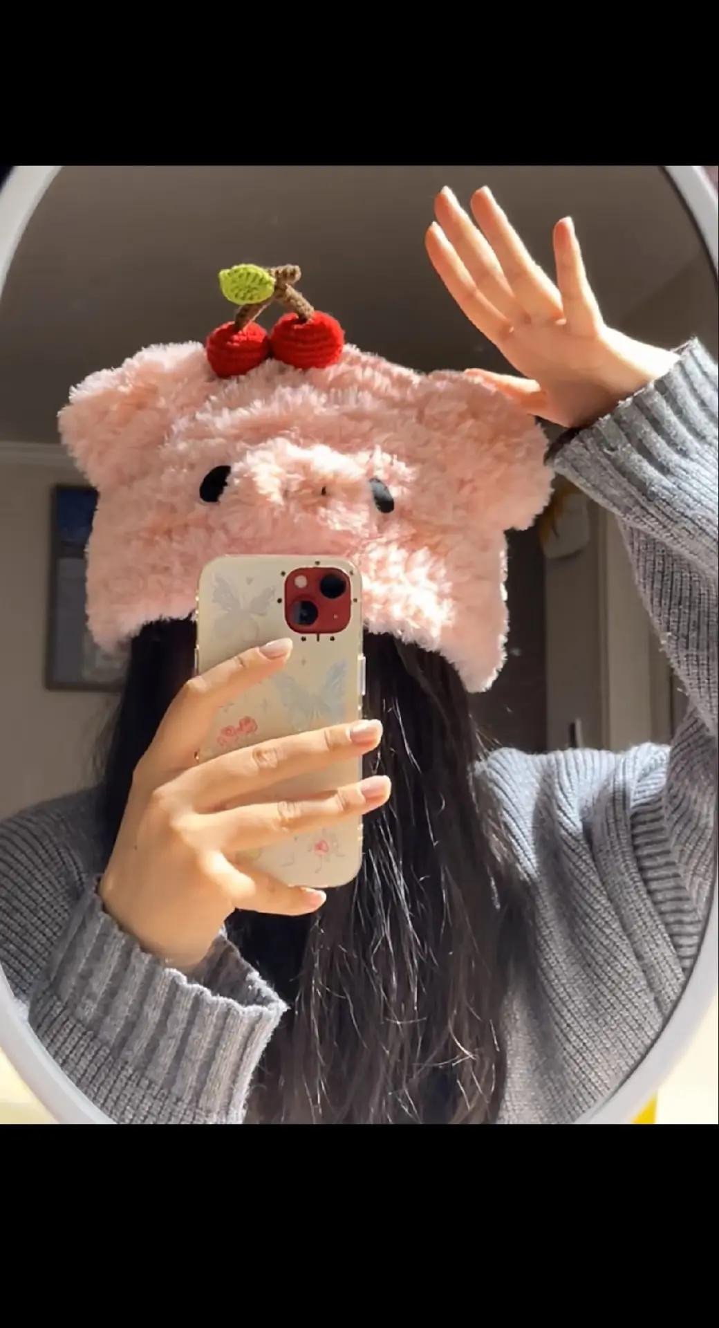 Hướng dẫn móc mũ heo màu hồng và quả cherry