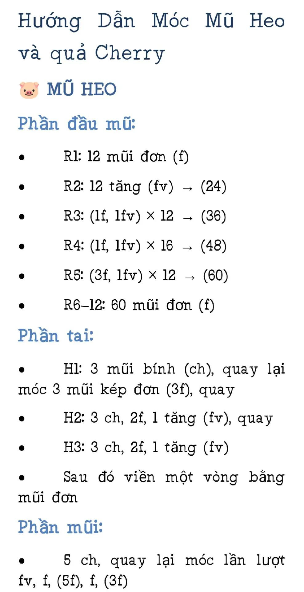 Hướng dẫn móc mũ heo màu hồng và quả cherry