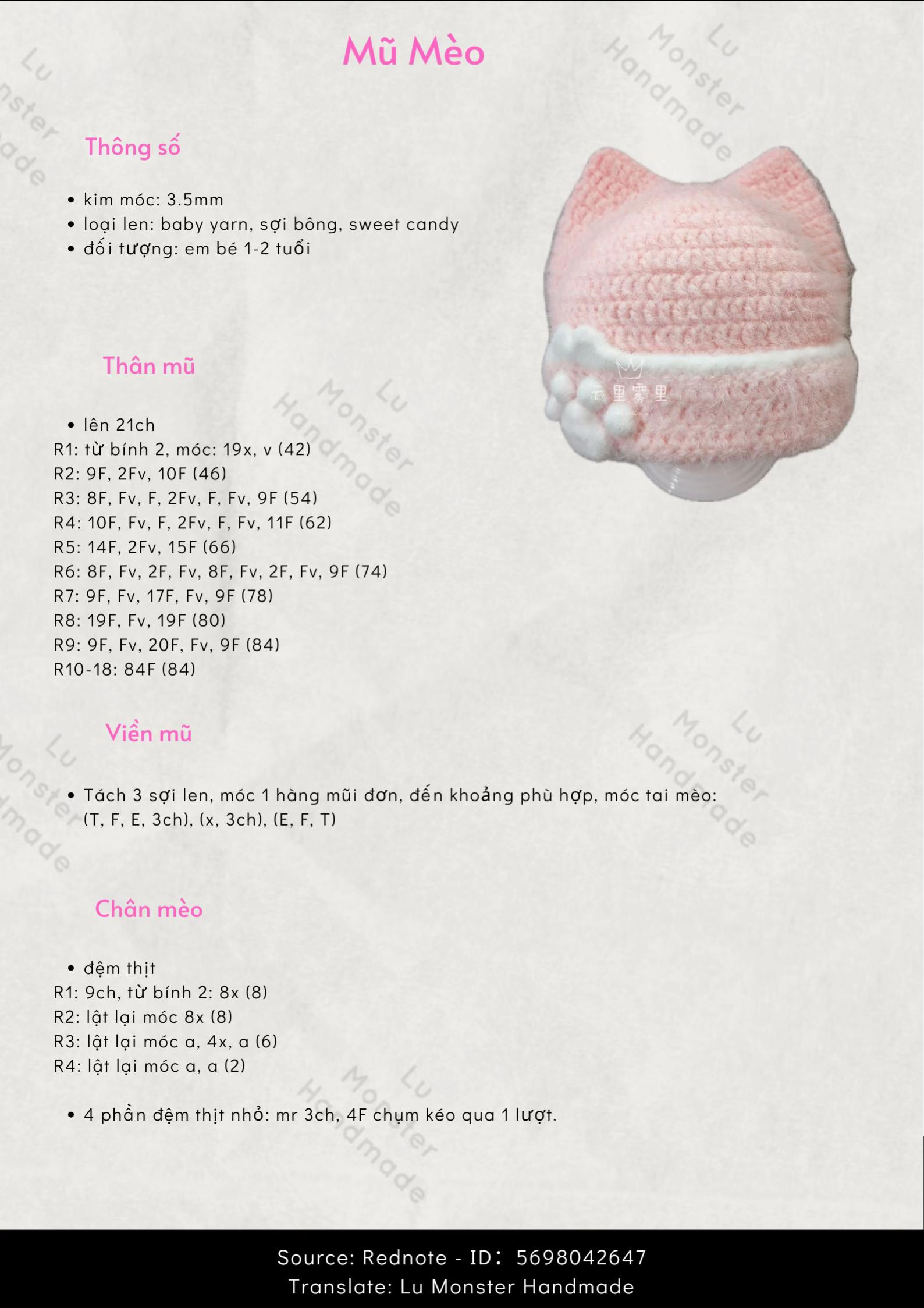 Hướng dẫn móc mũ mèo màu hồng cho bé 1-2 tuổi