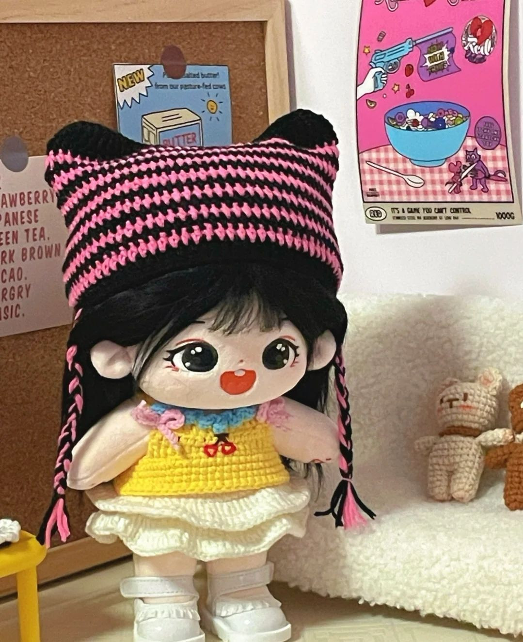 Hướng dẫn móc mũ sọc đen hồng cho búp bê 20cm