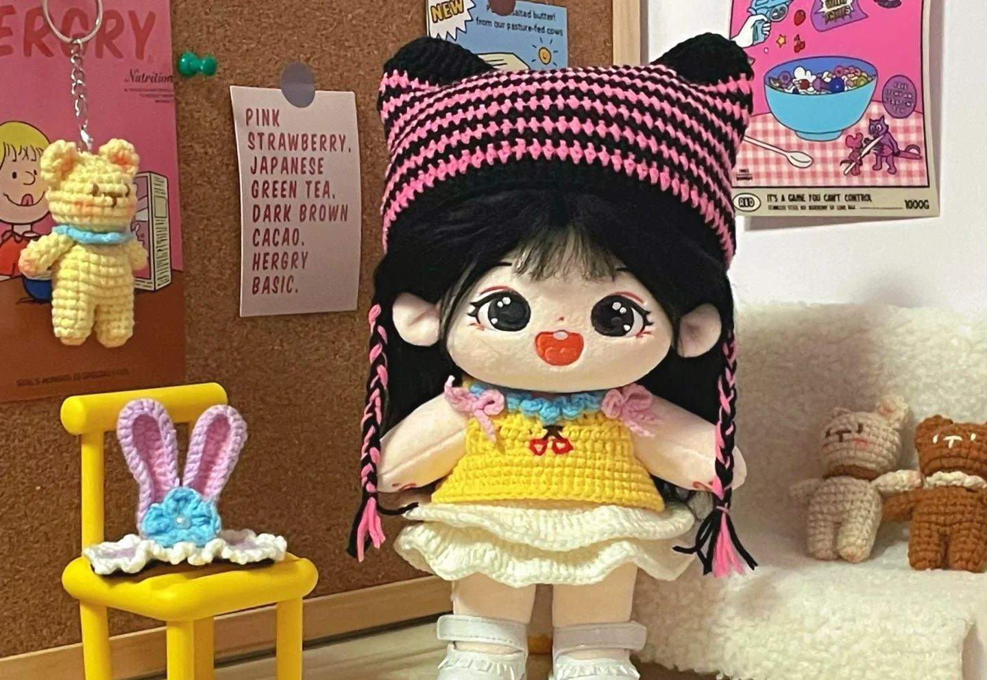 Hướng dẫn móc mũ sọc đen hồng cho búp bê 20cm