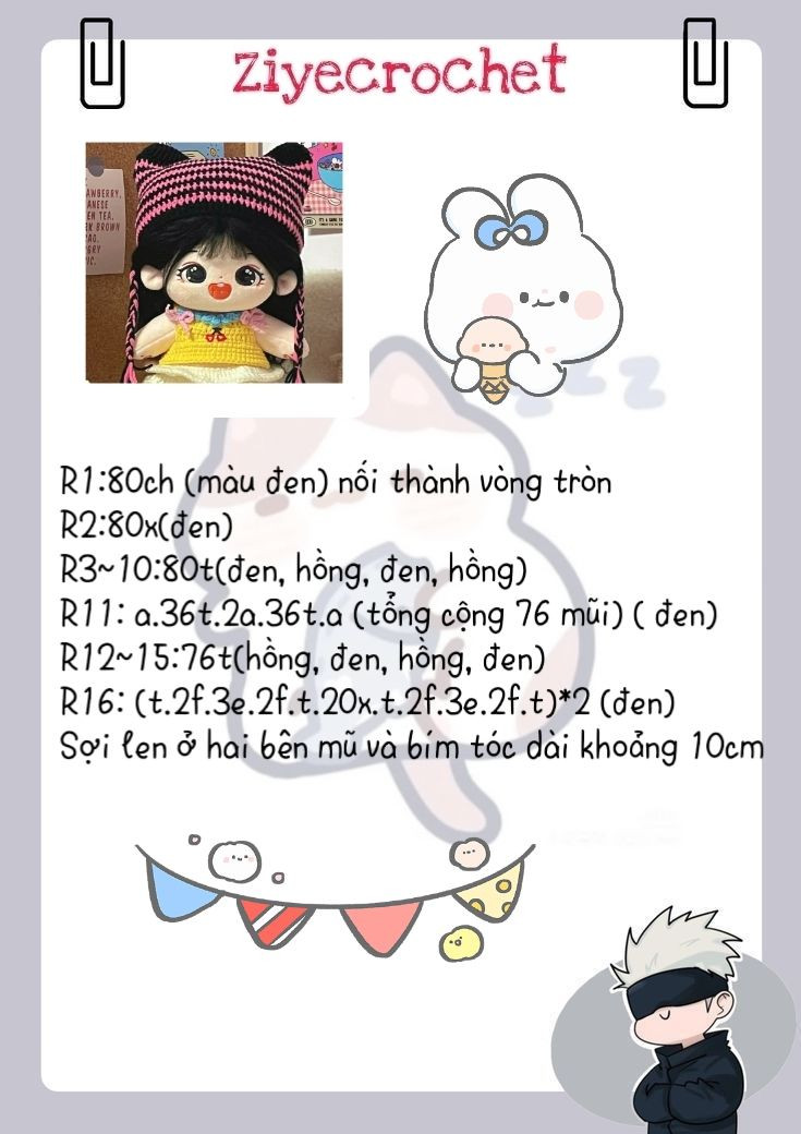 Hướng dẫn móc mũ sọc đen hồng cho búp bê 20cm