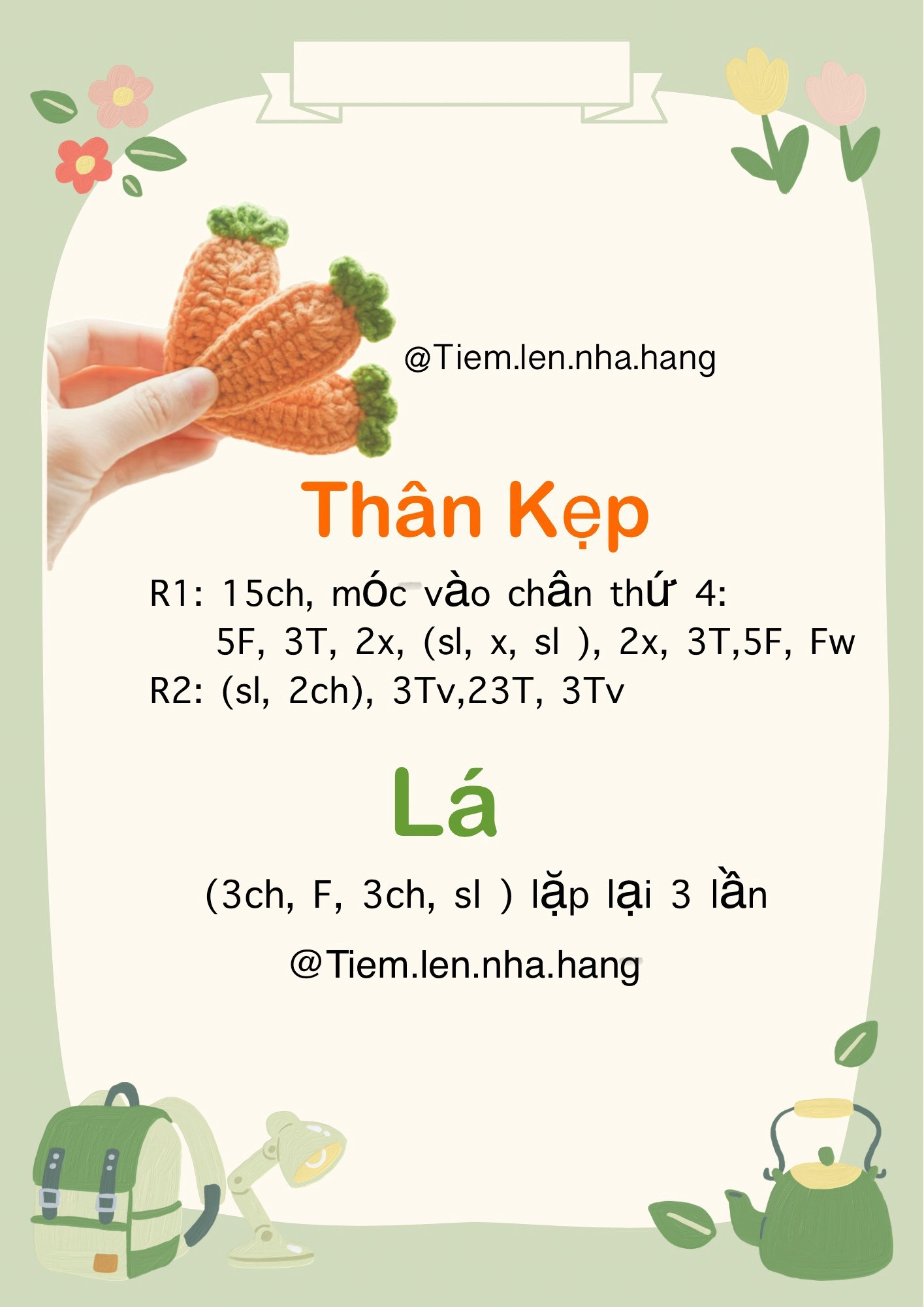 Hướng dẫn móc thân và lá củ cà rốt màu cam