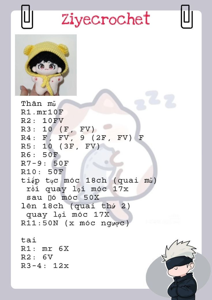 Hướng dẫn móc thân và tai mũ gấu màu vàng cho búp bê