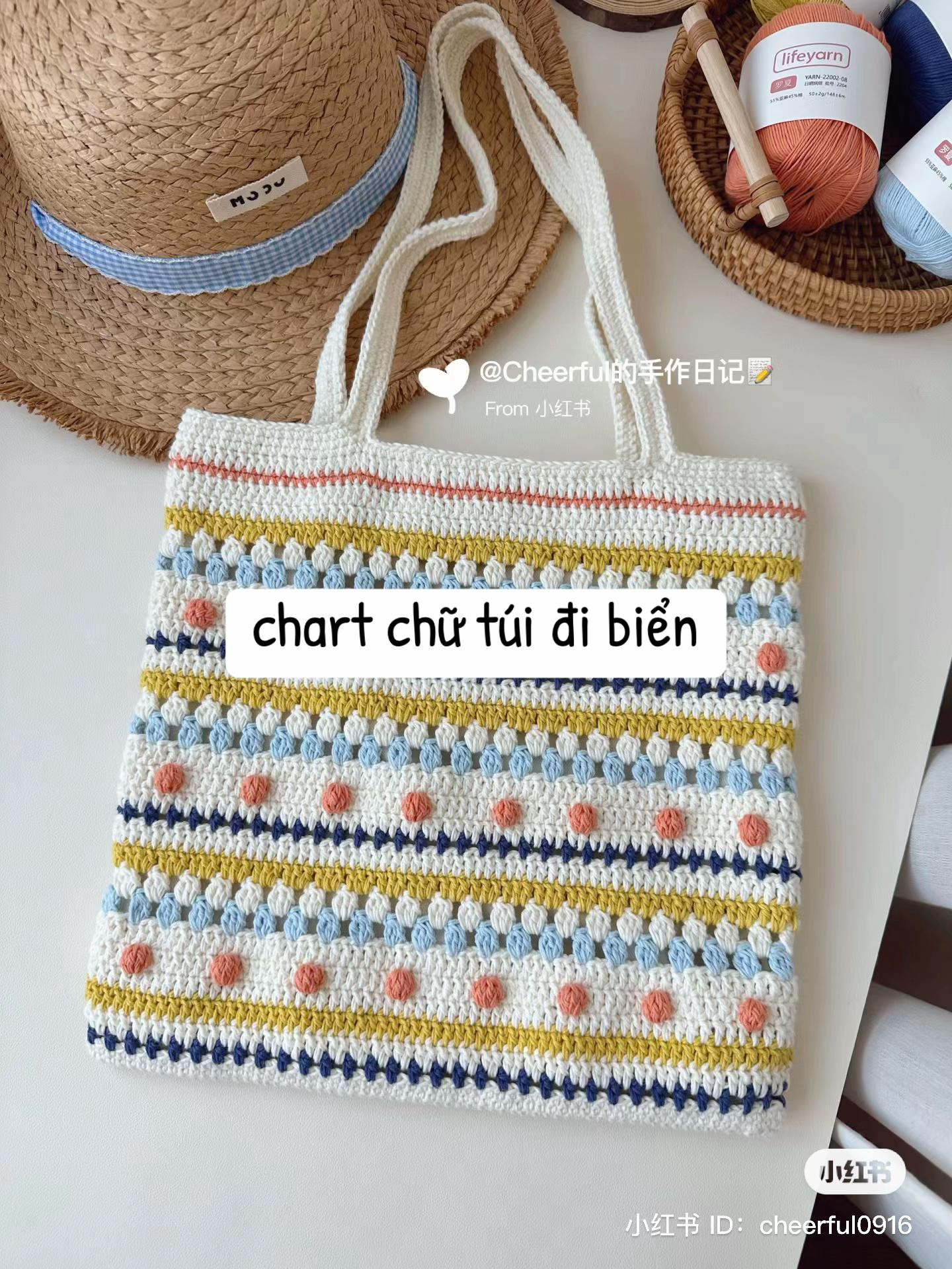 Hướng dẫn móc túi đi biển họa tiết sọc màu sắc tươi sáng, mẫu chart chi tiết từng hàng