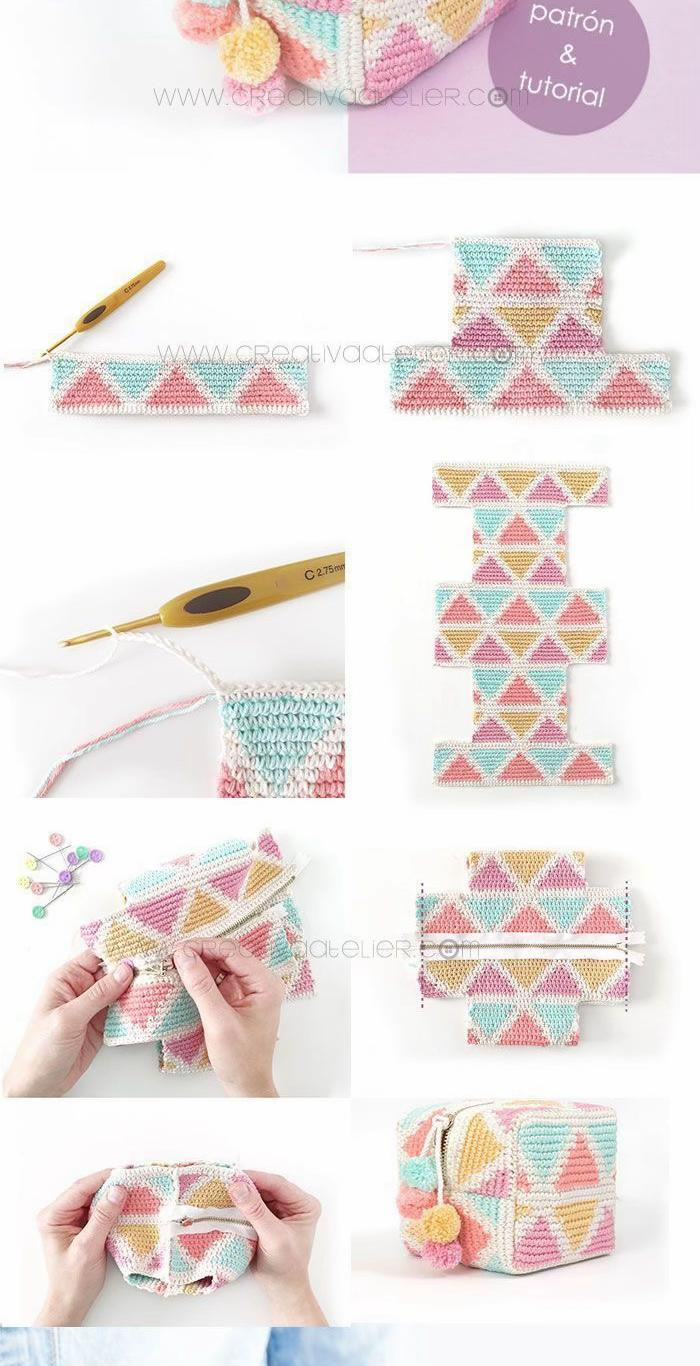 Hướng dẫn móc túi hình hộp màu kẹo ngọt với họa tiết tam giác và tua rua