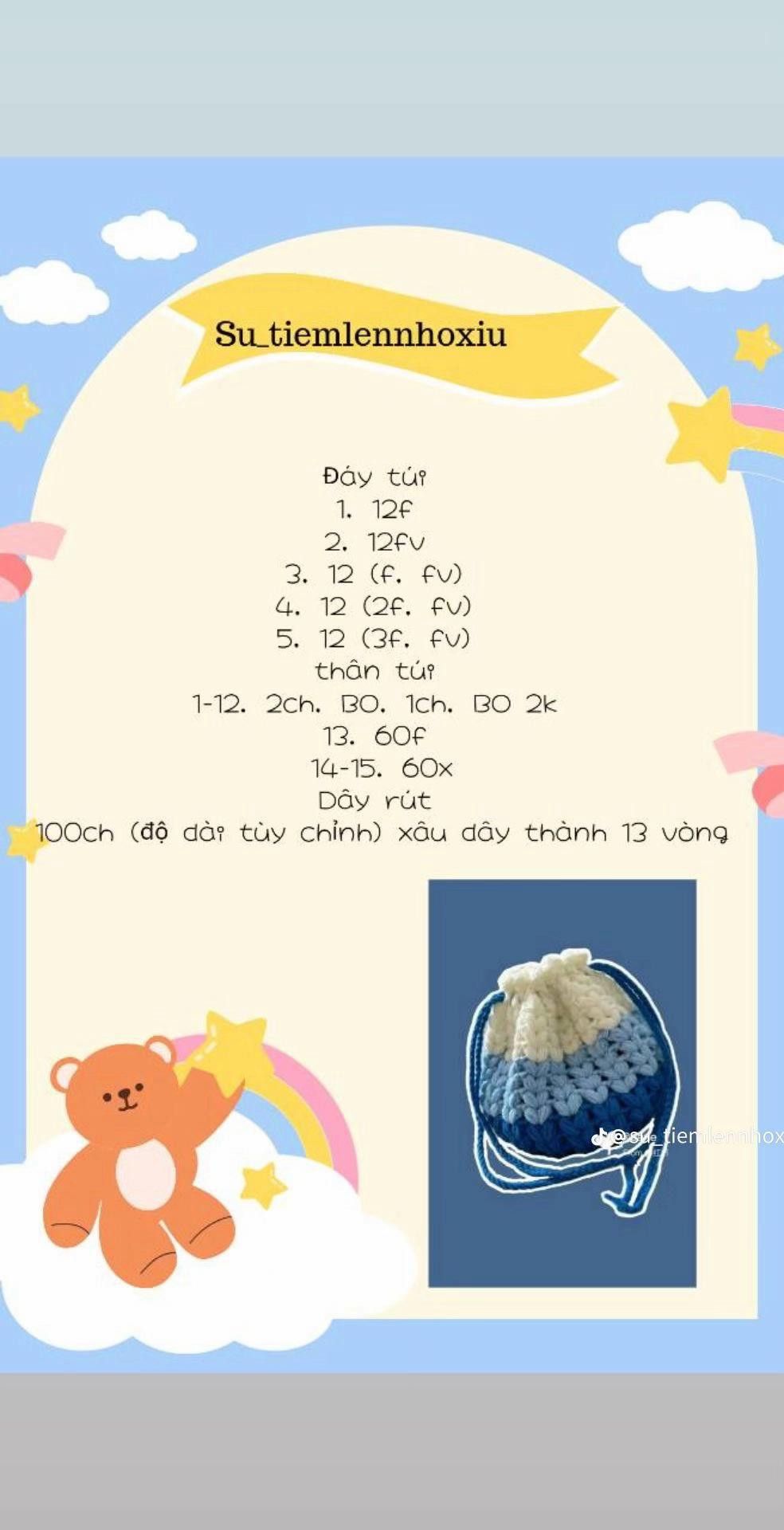 Hướng dẫn móc túi len hình quả cầu gradient xanh trắng