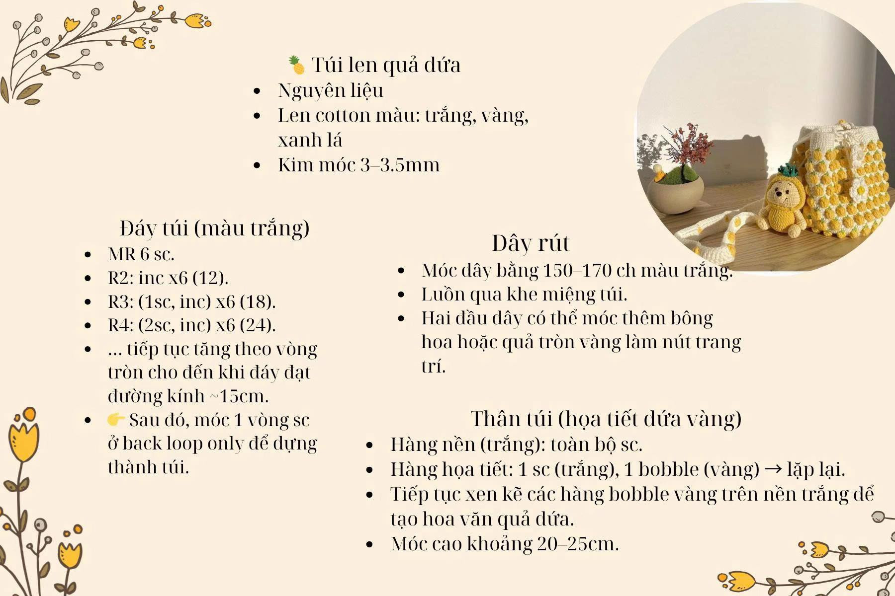 Hướng dẫn móc túi len quả dứa màu vàng và trắng kèm gấu bông