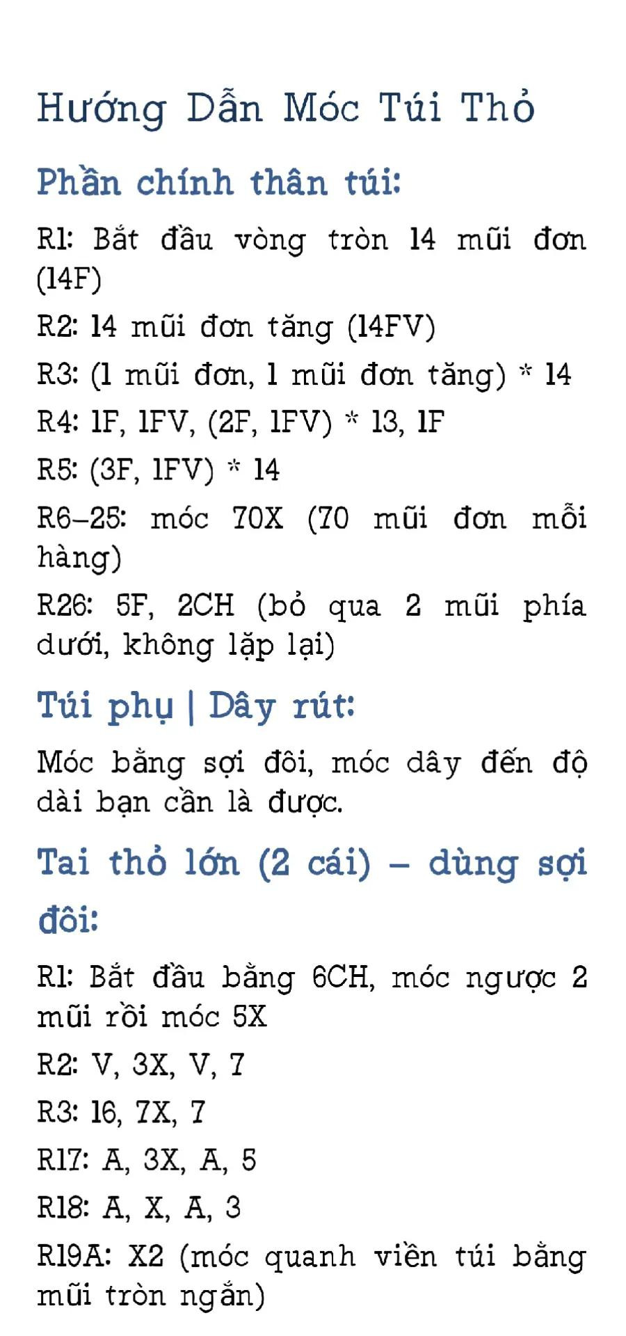 Hướng dẫn móc túi thỏ trắng với tai cam, hoa và quả dâu tây