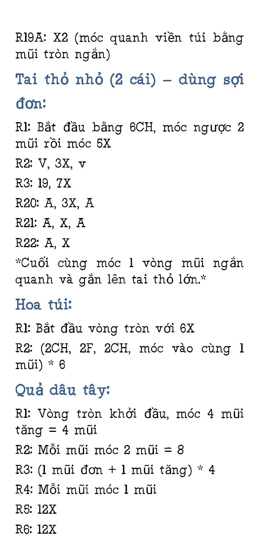 Hướng dẫn móc túi thỏ trắng với tai cam, hoa và quả dâu tây