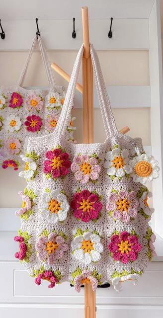 Hướng dẫn móc túi tote hoa văn nổi màu sắc (3D Flower Tote Bag Pattern)