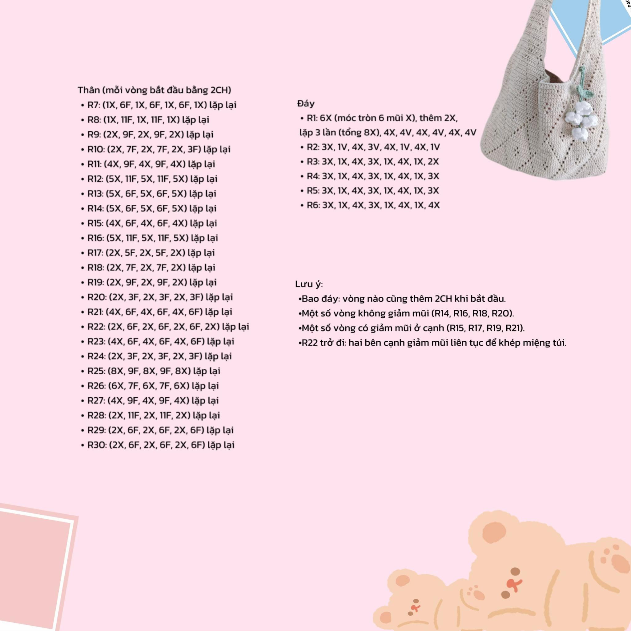 Hướng dẫn móc túi tote len màu kem họa tiết hoa trắng