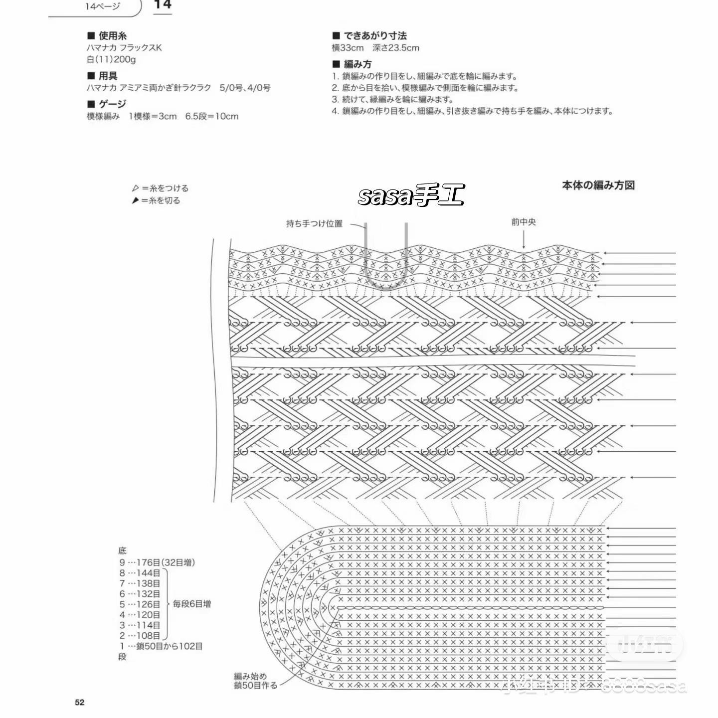 Hướng dẫn móc túi xách họa tiết giỏ đan màu trắng, bao gồm bảng chart chi tiết và quy trình thực hiện