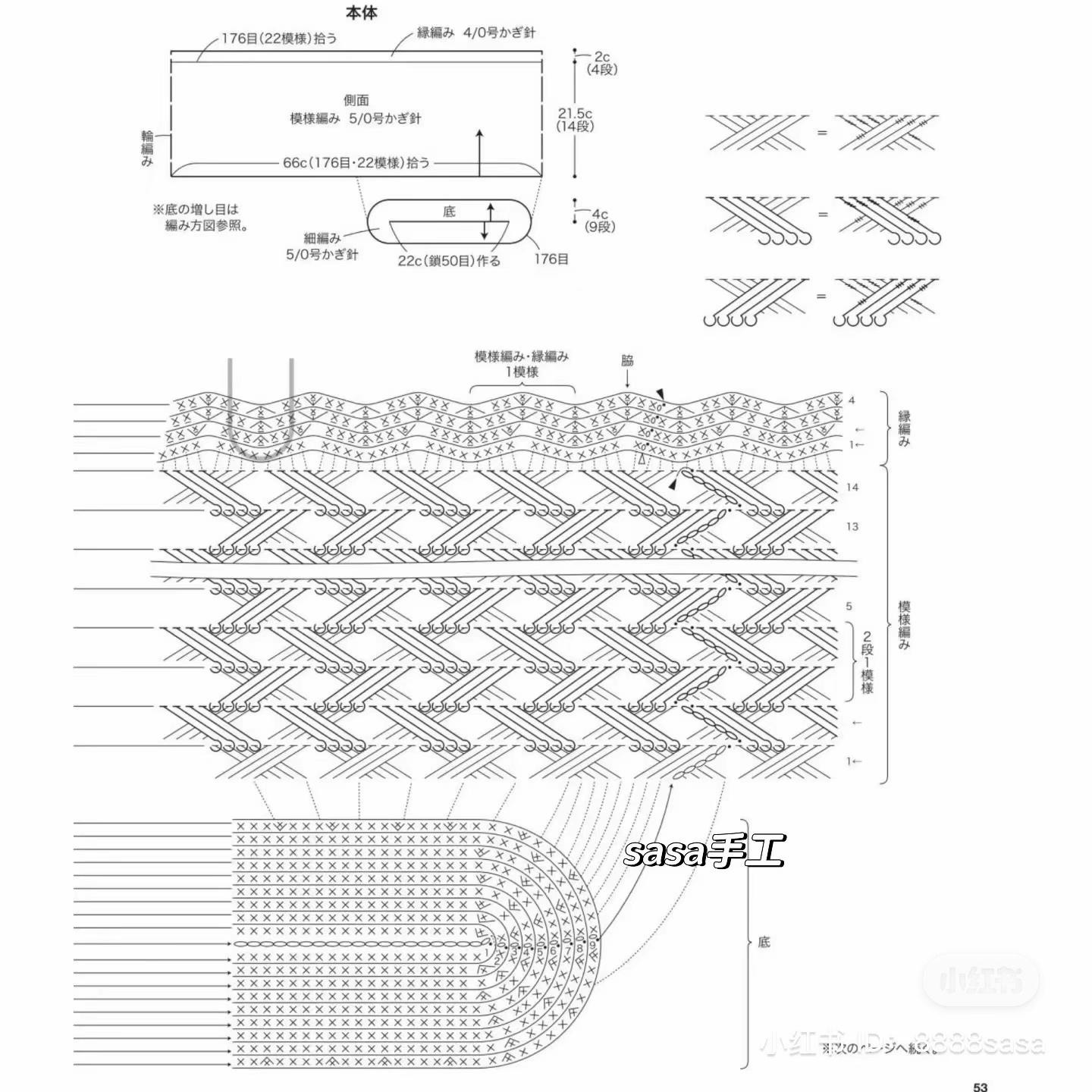 Hướng dẫn móc túi xách họa tiết giỏ đan màu trắng, bao gồm bảng chart chi tiết và quy trình thực hiện