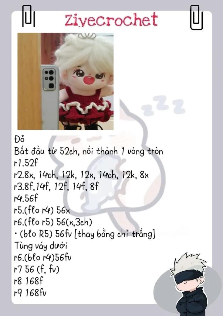 Hướng dẫn móc váy công chúa màu đỏ viền trắng cho búp bê