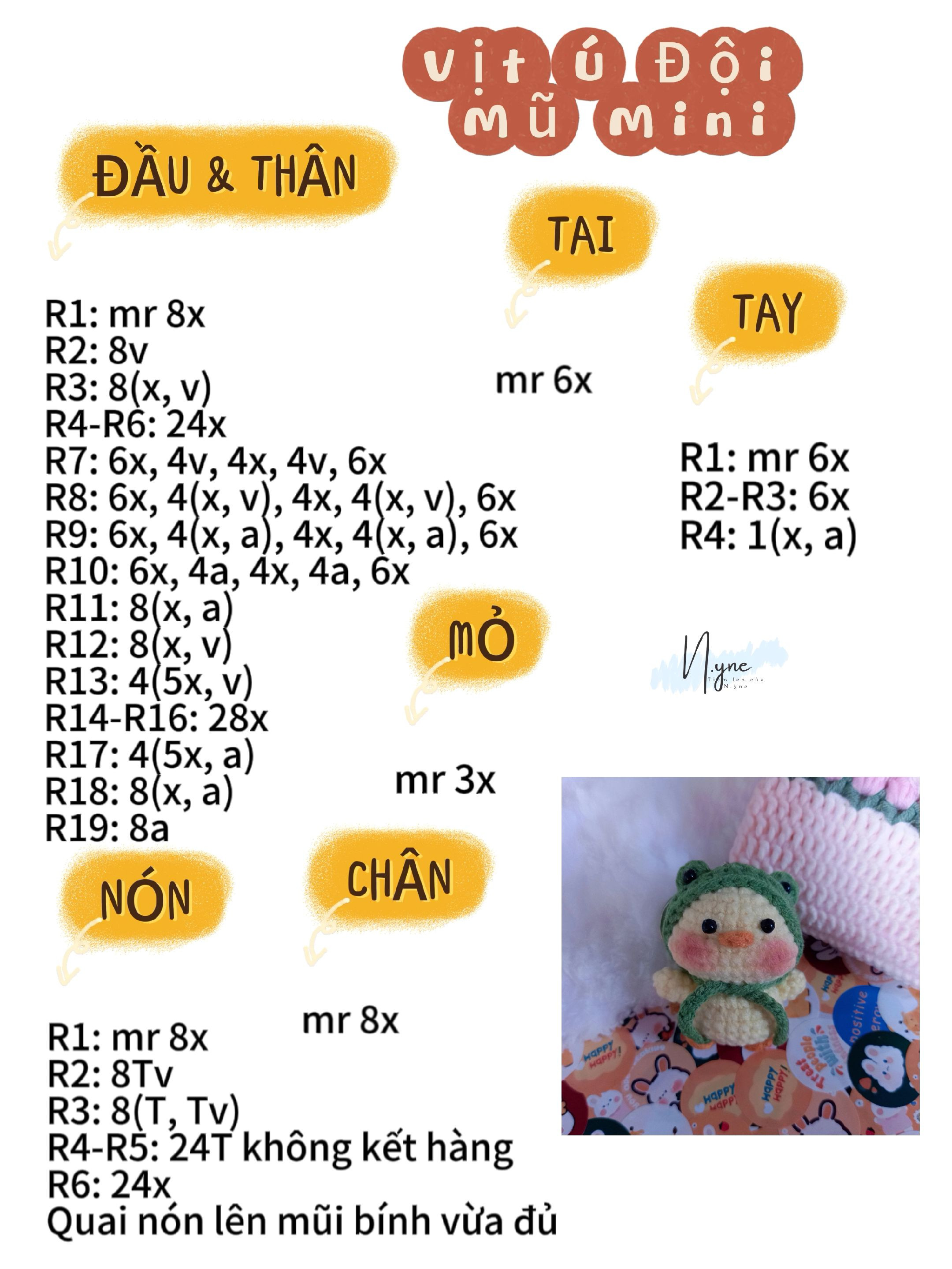 Hướng dẫn móc Vịt Ú Đội mũ Mini màu xanh và kem