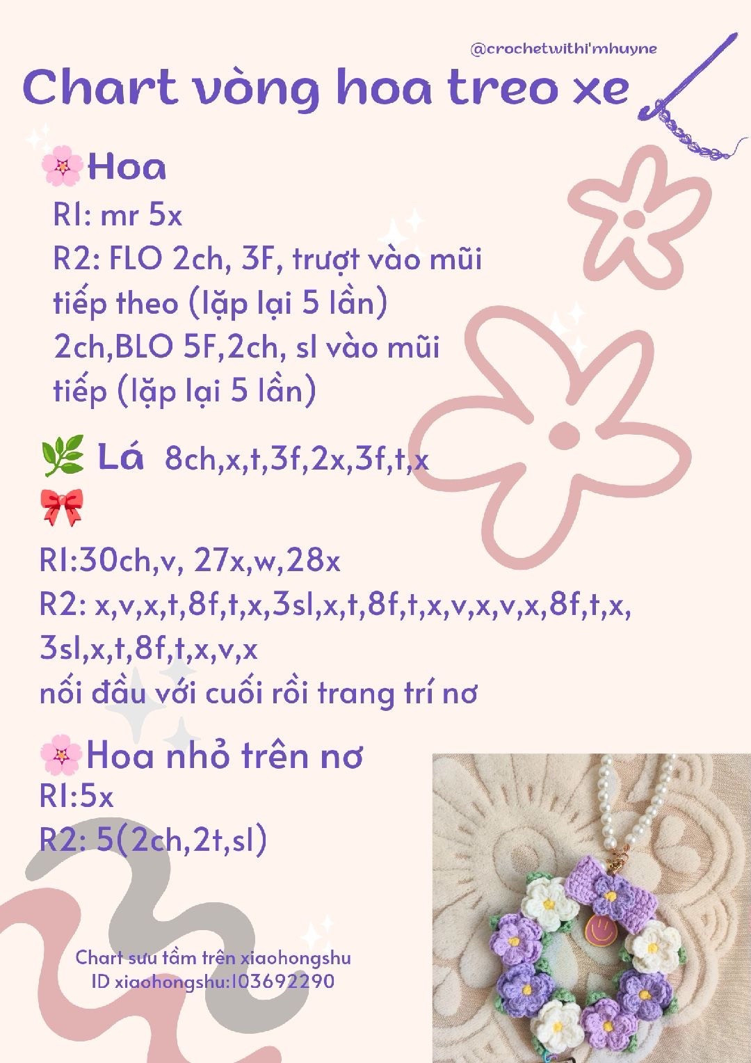 Hướng dẫn móc vòng hoa treo xe màu tím hồng