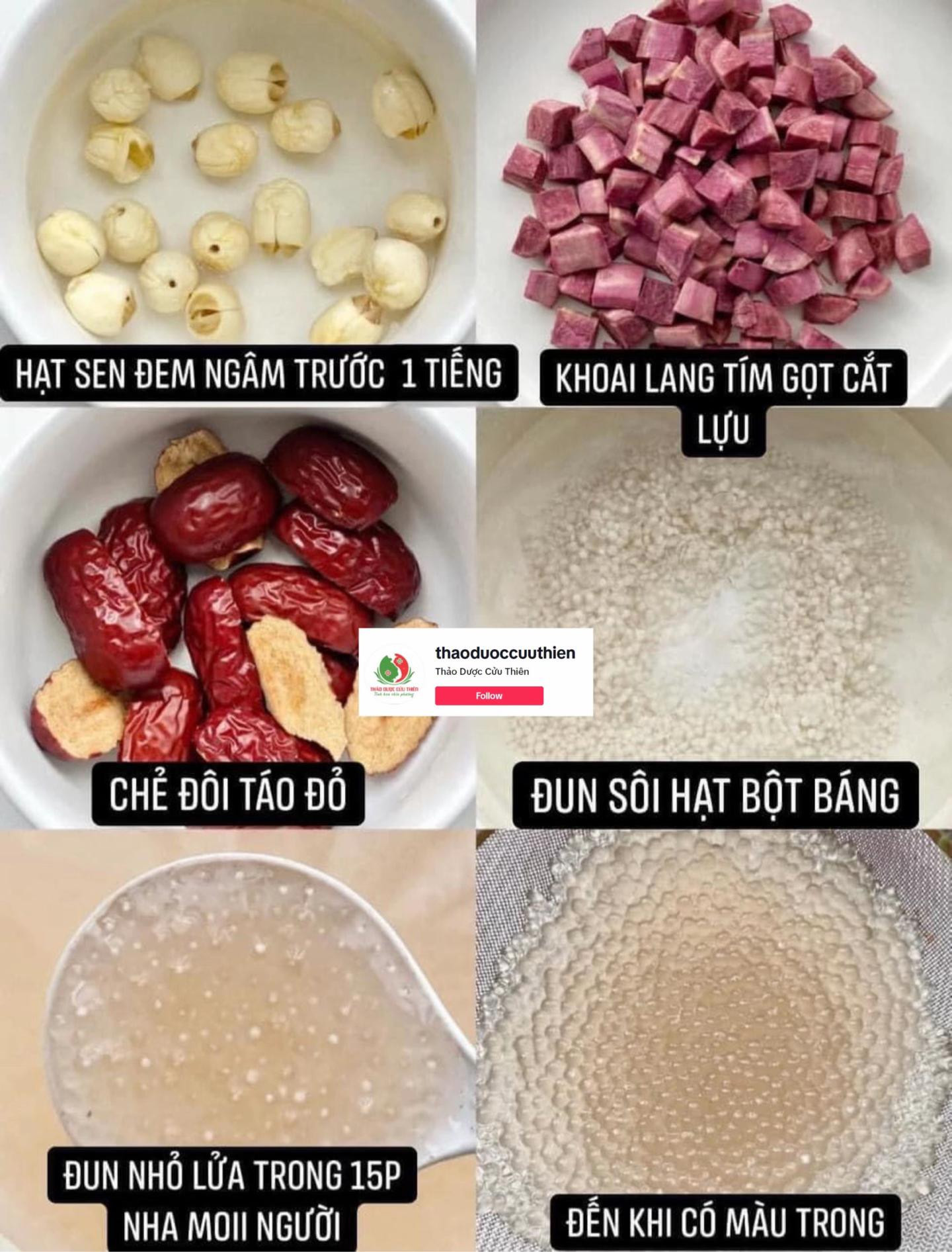 Hướng dẫn nấu chè khoai lang tím, hạt sen, táo đỏ và nấm tuyết với nước cốt dừa thơm ngon