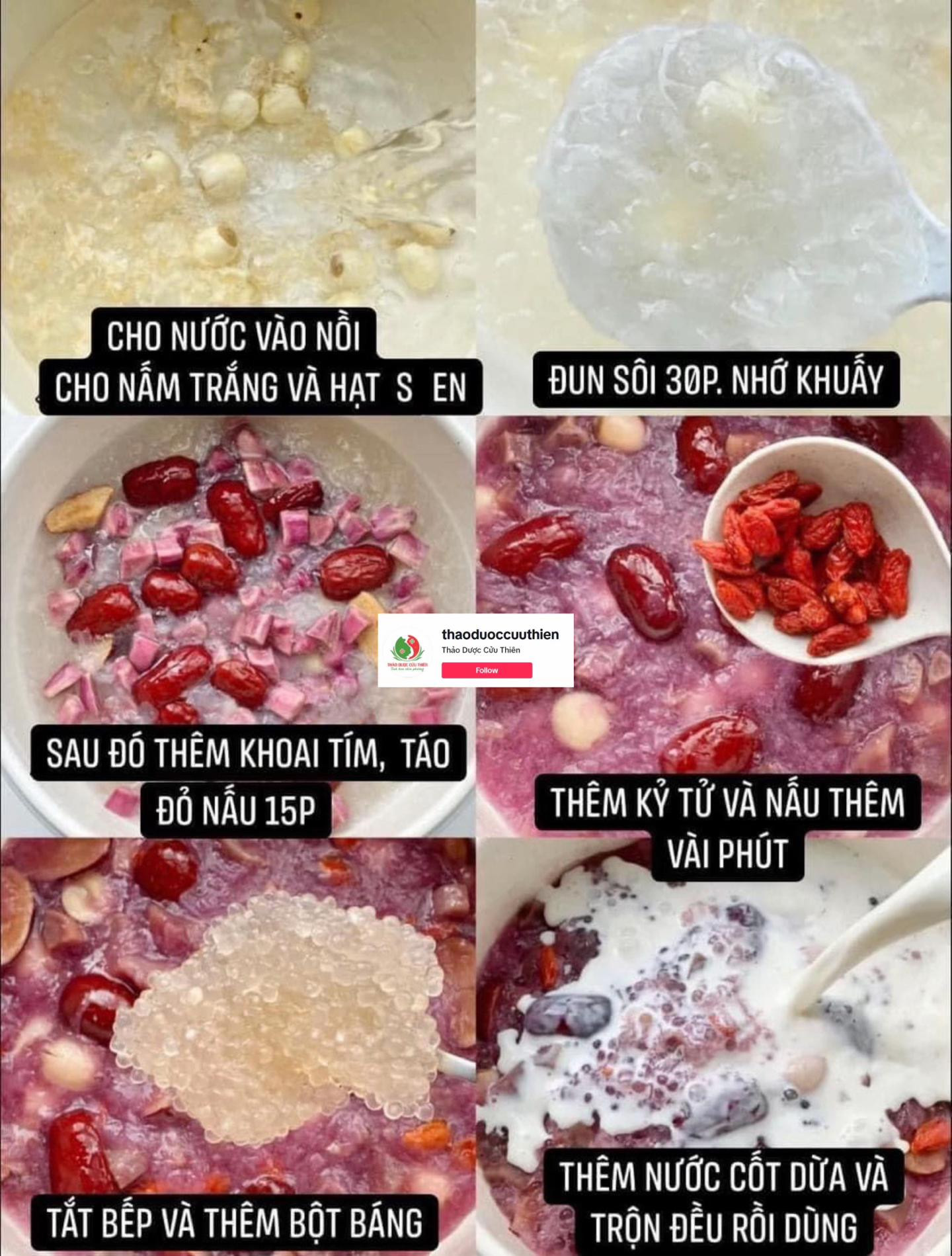 Hướng dẫn nấu chè khoai lang tím, hạt sen, táo đỏ và nấm tuyết với nước cốt dừa thơm ngon