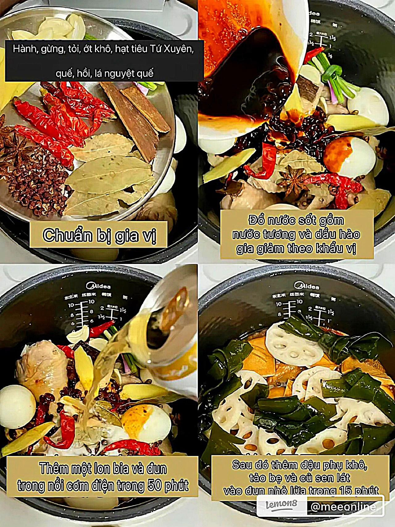 Hướng dẫn nấu Gà hầm rau củ, cùi sen và tào phớ trong nồi cơm điện