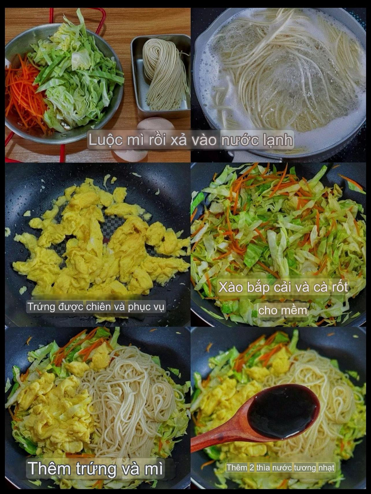 Hướng dẫn nấu mì xào trứng với bắp cải, cà rốt và nước tương đậm đà