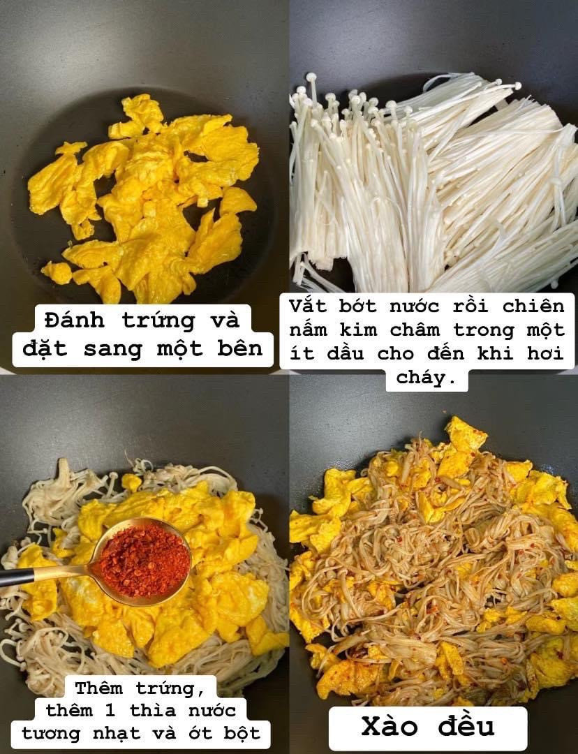 Hướng dẫn nấu món nấm kim châm xào trứng với ớt bột và tương ớt cay nồng