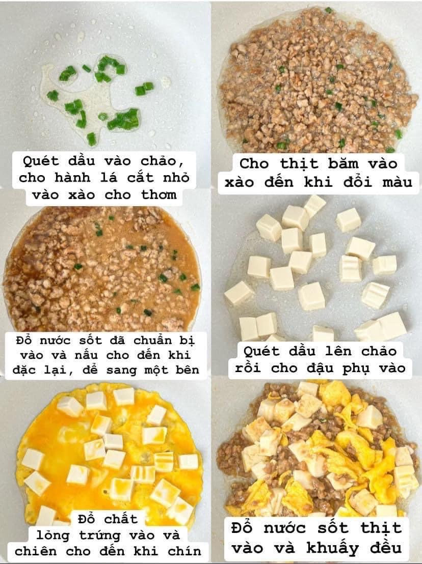 Hướng dẫn nấu món thịt băm xào đậu phụ trứng, cơm trắng