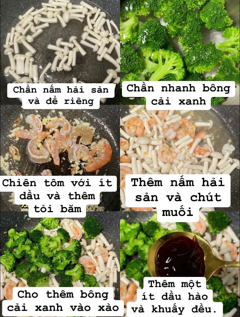 Hướng dẫn nấu món tôm xào nấm hải sản và bông cải xanh sốt dầu hào