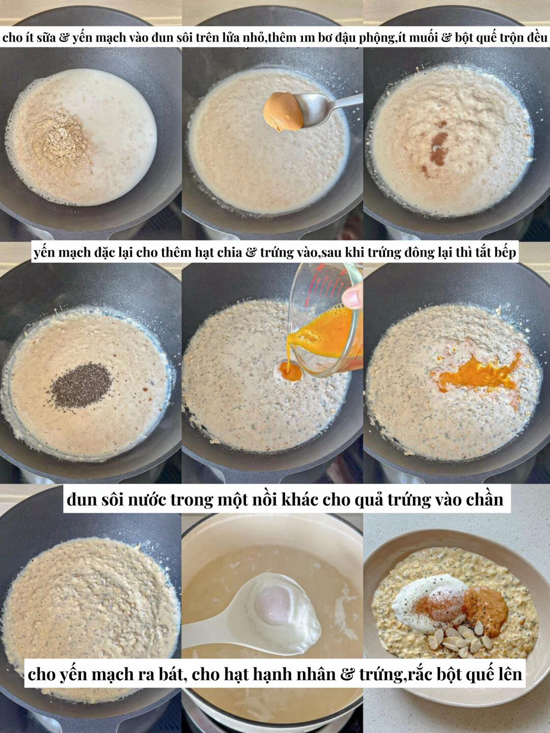 Hướng dẫn nấu yến mạch nóng ăn kèm trứng chần, bơ đậu phộng và hạt chia theo phong cách Eat Clean