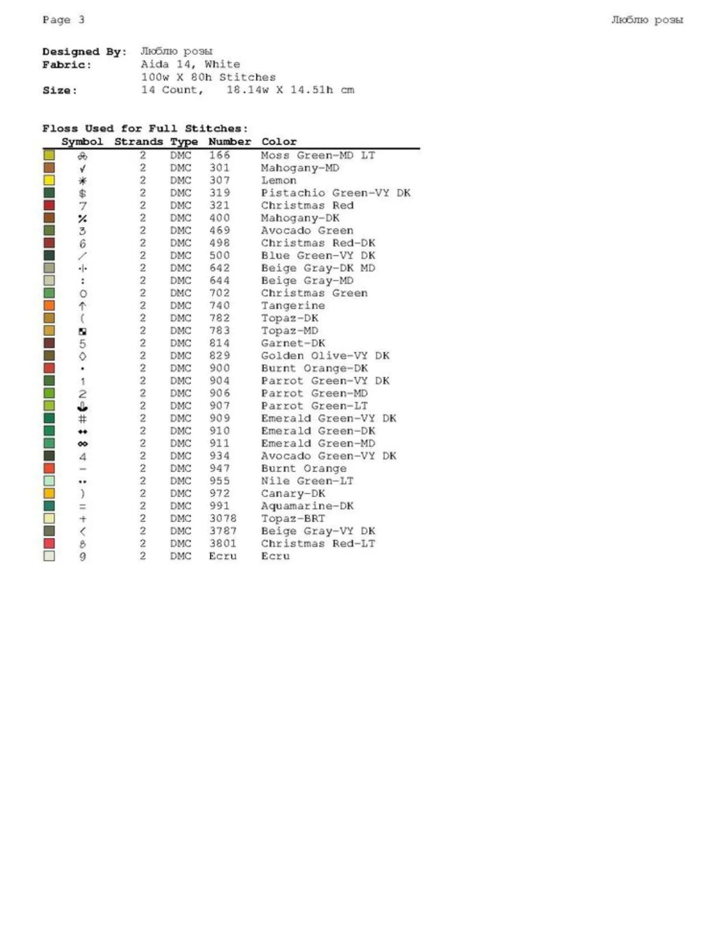 I Love Roses - Cross Stitch Pattern Chart