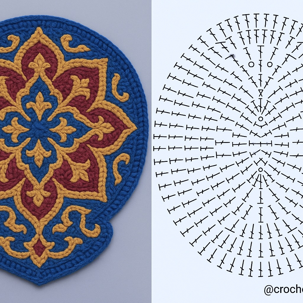 Intricate Crochet Flat Charts: Mandala, Celtic Knot, and Shell Stitch Patterns with Colorful Designs