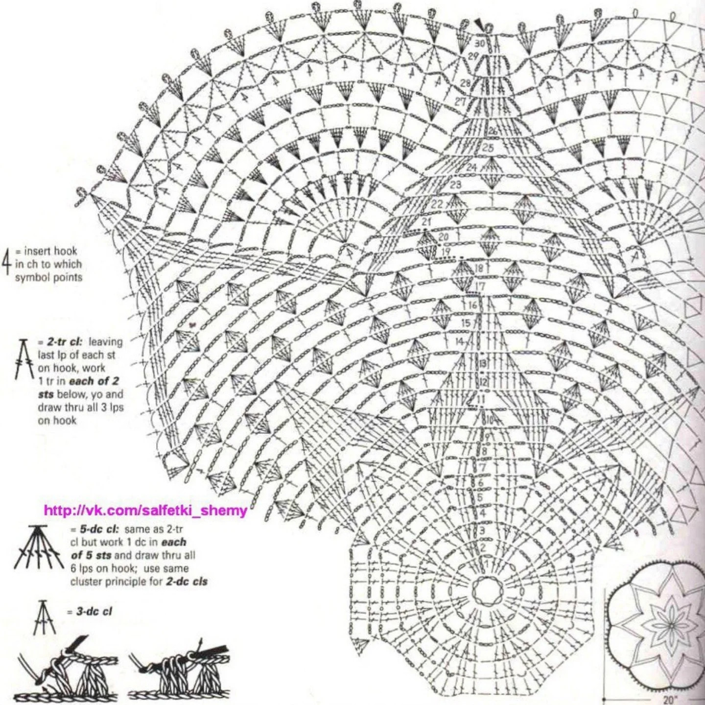 Intricate Floral Crochet Doily Pattern Chart with Detailed Stitch Instructions