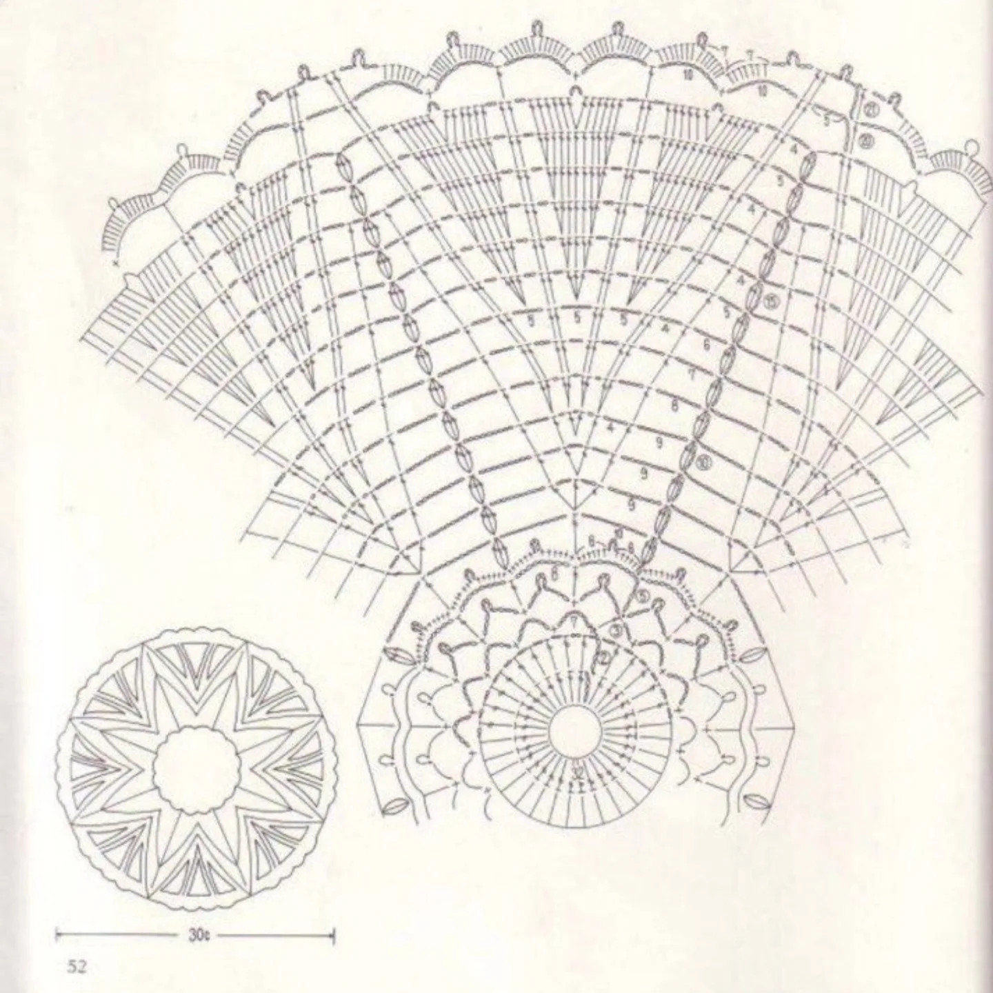 Intricate White Crochet Doily Chart with Star Pattern and Detailed Stitch Diagram