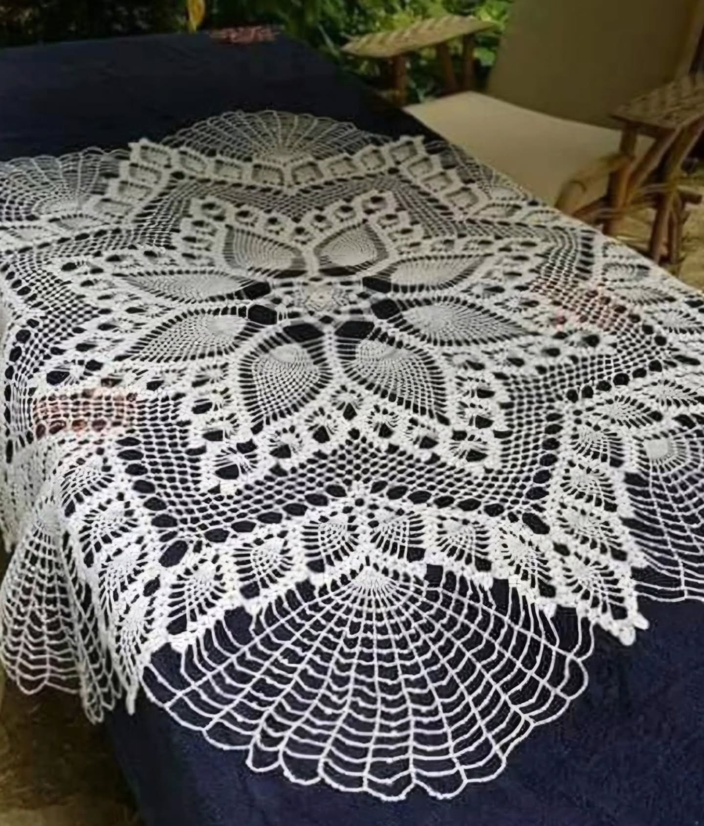 Intricate White Crochet Tablecloth with Floral Motif and Detailed Flat Chart Pattern